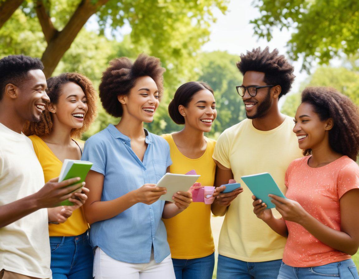 A diverse group of people engaged in a lively discussion in a sunny park, surrounded by greenery and colorful flowers, holding health-related materials like brochures and smoothies, symbolizing community engagement. Ethnic diversity, laughter, and friendship are emphasized. Include digital devices like tablets or smartphones showing health-focused blog content. vibrant colors. 3D.