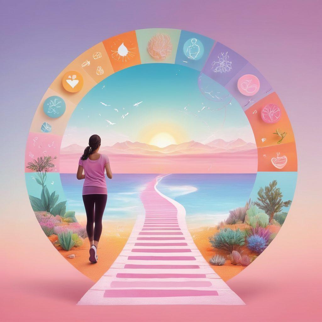 A collage depicting a person navigating through a digital landscape filled with vibrant icons representing various health topics like nutrition, exercise, mental wellness, and medical information. The background is a blend of soft pastel colors with a gentle gradient, creating a calming atmosphere. Include elements like a glowing path leading towards a bright horizon, symbolizing the journey to better health and wellness. super-realistic. vibrant colors. light pastel background.