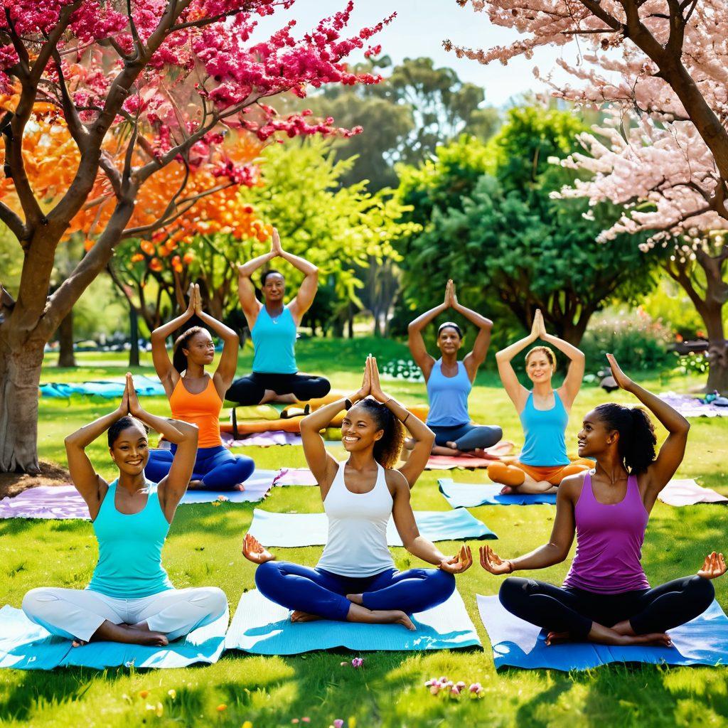 A diverse group of happy individuals engaging in outdoor wellness activities like yoga and meditation in a vibrant park, surrounded by blooming flowers and trees. A subtle representation of health and community, with symbols of wellness like fruits and water bottles in the background. Bright, uplifting colors that evoke a sense of harmony and connection. super-realistic. vibrant colors. white background.